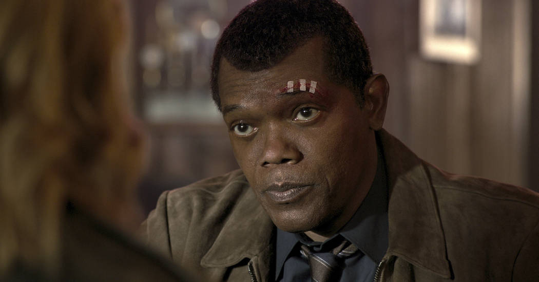 This image released by Disney-Marvel Studios shows Samuel L. Jackson in a scene from "Captain Marvel." (Disney-Marvel Studios via AP)