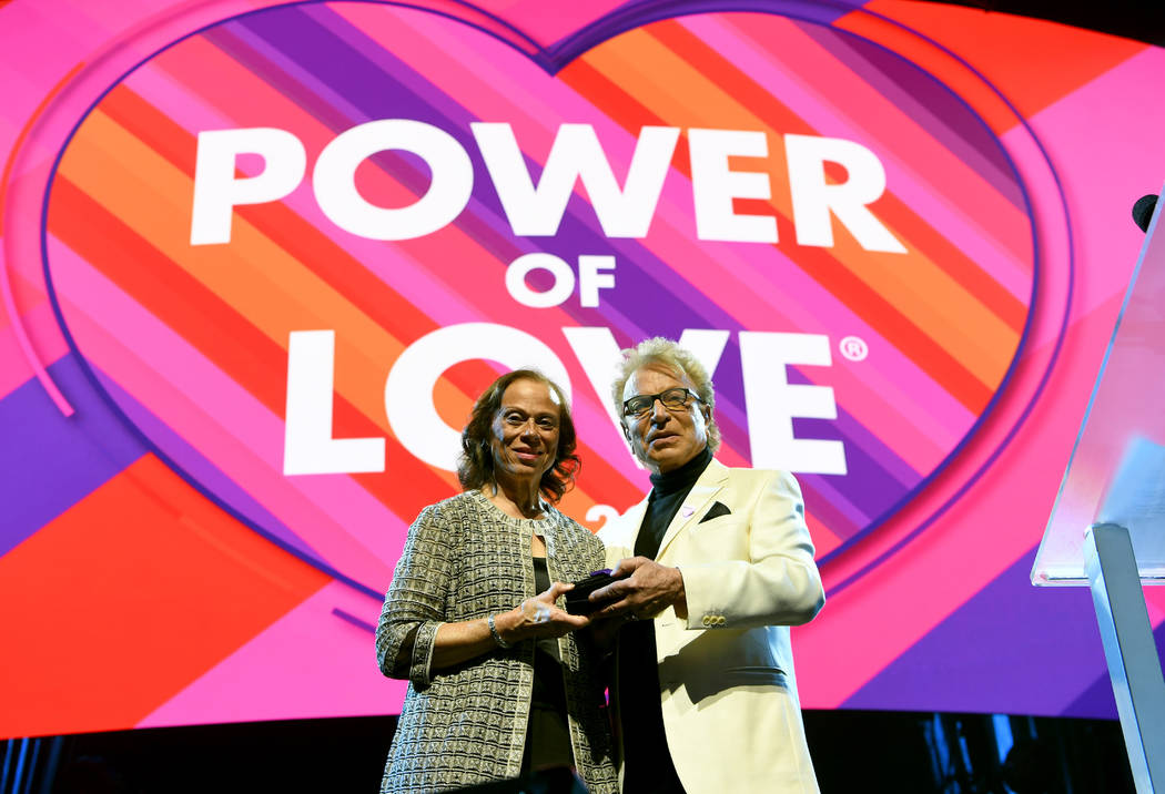 Lonnie Ali and Siegfried Fischbacher appear onstage during the 23rd annual Keep Memory Alive "Power of Love Gala" benefit for the Cleveland Clinic Lou Ruvo Center for Brain Health at MGM Grand Gar ...