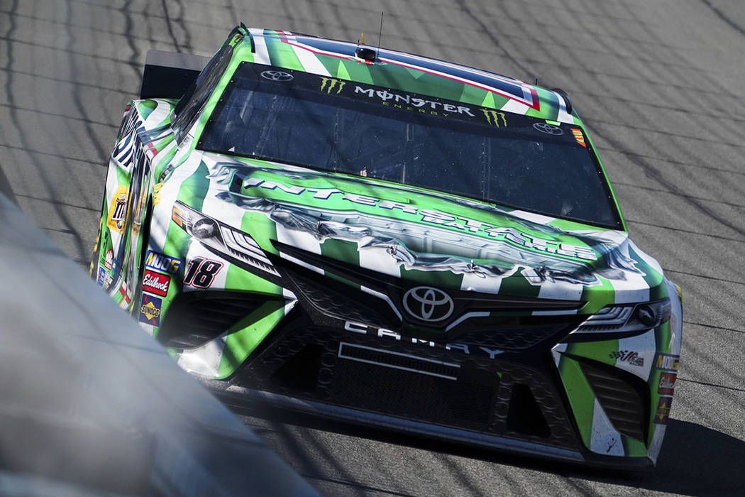 Kyle Busch drives during the early laps of the NASCAR Cup Series auto race at Auto Club Speedway, in Fontana, Calif., Sunday, March 17, 2019. (AP Photo/Rachel Luna)