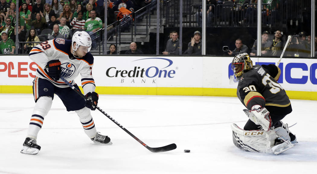 Edmonton Oilers left wing Leon Draisaitl (29) shoots against Vegas Golden Knights goalie Malcolm Subban during the first period of an NHL hockey game Sunday, March 17, 2019, in Las Vegas. (AP Phot ...