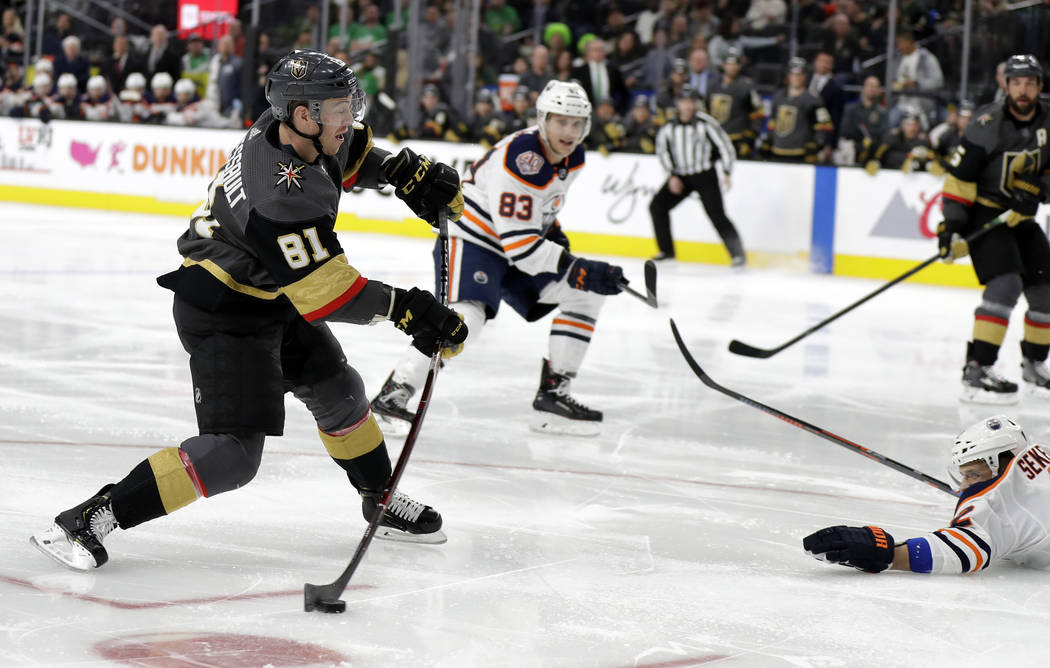 Vegas Golden Knights center Jonathan Marchessault (81) scores a goal against the Edmonton Oilers during the second period of an NHL hockey game Sunday, March 17, 2019, in Las Vegas. (AP Photo/Isaa ...