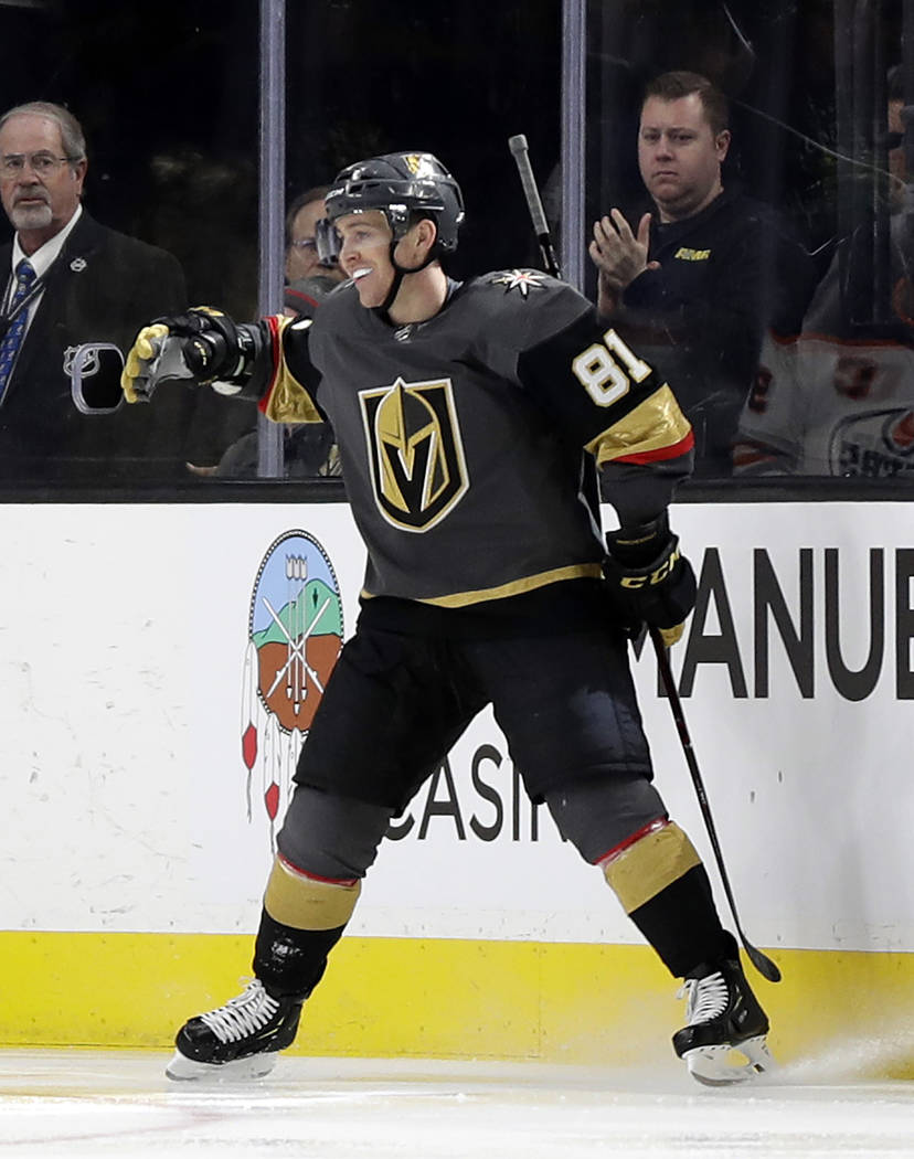 Vegas Golden Knights center Jonathan Marchessault celebrates after scoring against the Edmonton Oilers during the third period of an NHL hockey game Sunday, March 17, 2019, in Las Vegas. The Golde ...