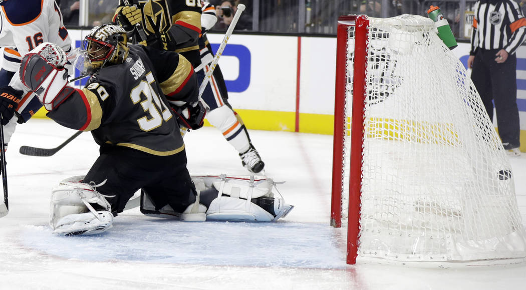 The Edmonton Oilers score on Vegas Golden Knights goalie Malcolm Subban during the third period of an NHL hockey game Sunday, March 17, 2019, in Las Vegas. The Golden Knights won, 6-3. (AP Photo/I ...