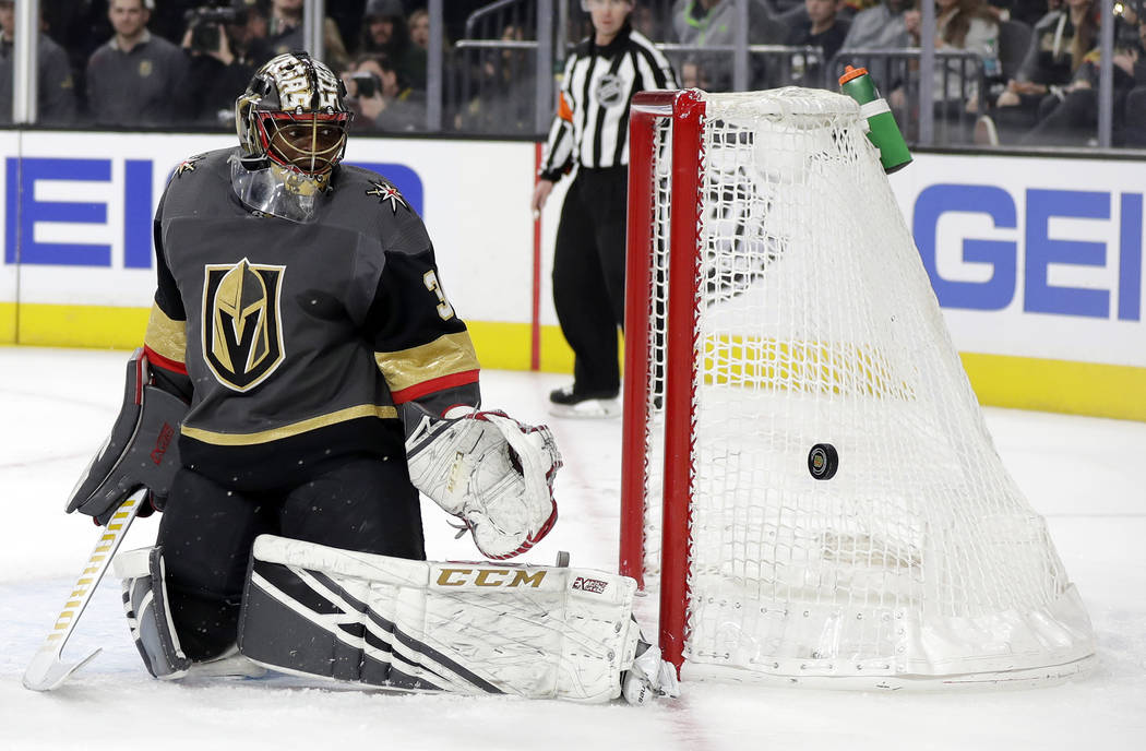 Vegas Golden Knights goalie Malcolm Subban watches as a shot goes wide during the first period of an NHL hockey game against the Edmonton Oilers Sunday, March 17, 2019, in Las Vegas. The Golden Kn ...