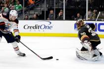 Edmonton Oilers left wing Leon Draisaitl (29) shoots against Vegas Golden Knights goalie Malcolm Subban during the first period of an NHL hockey game Sunday, March 17, 2019, in Las Vegas. (AP Phot ...