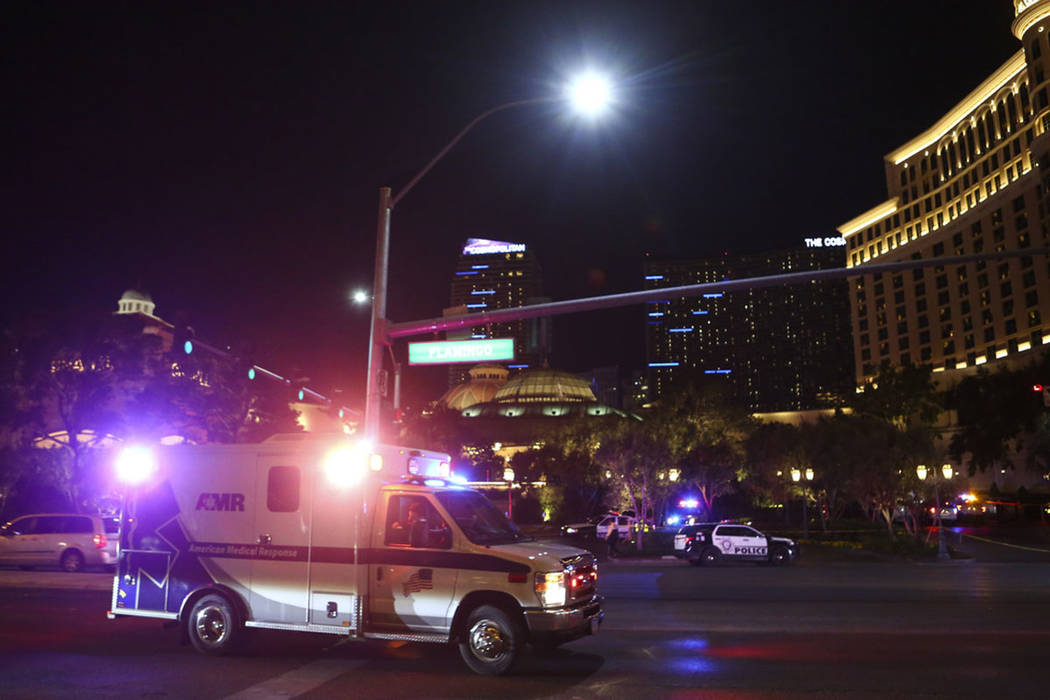 An ambulance heads to the Bellagio after a shooting in Las Vegas on Friday, March 15, 2019. (Chase Stevens/Las Vegas Review-Journal) @csstevensphoto