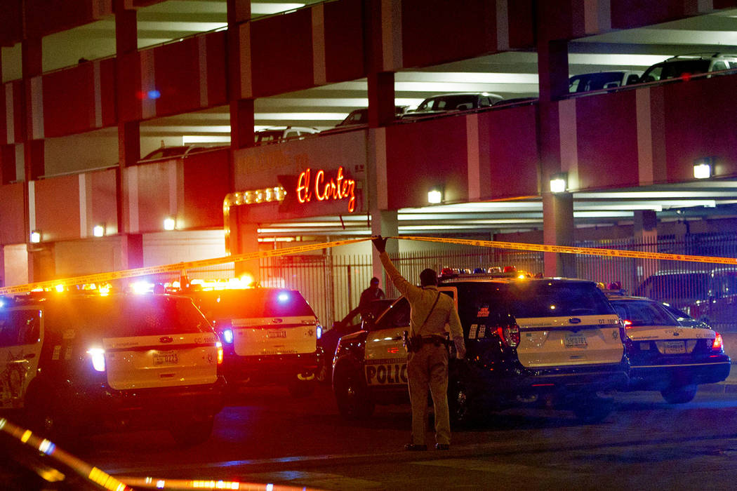 Las Vegas police investigate outside El Cortez in downtown Las Vegas after a shooting at the hotel and casino, Sunday, March 17, 2019. (Rachel Aston/Las Vegas Review-Journal) @rookie__rae