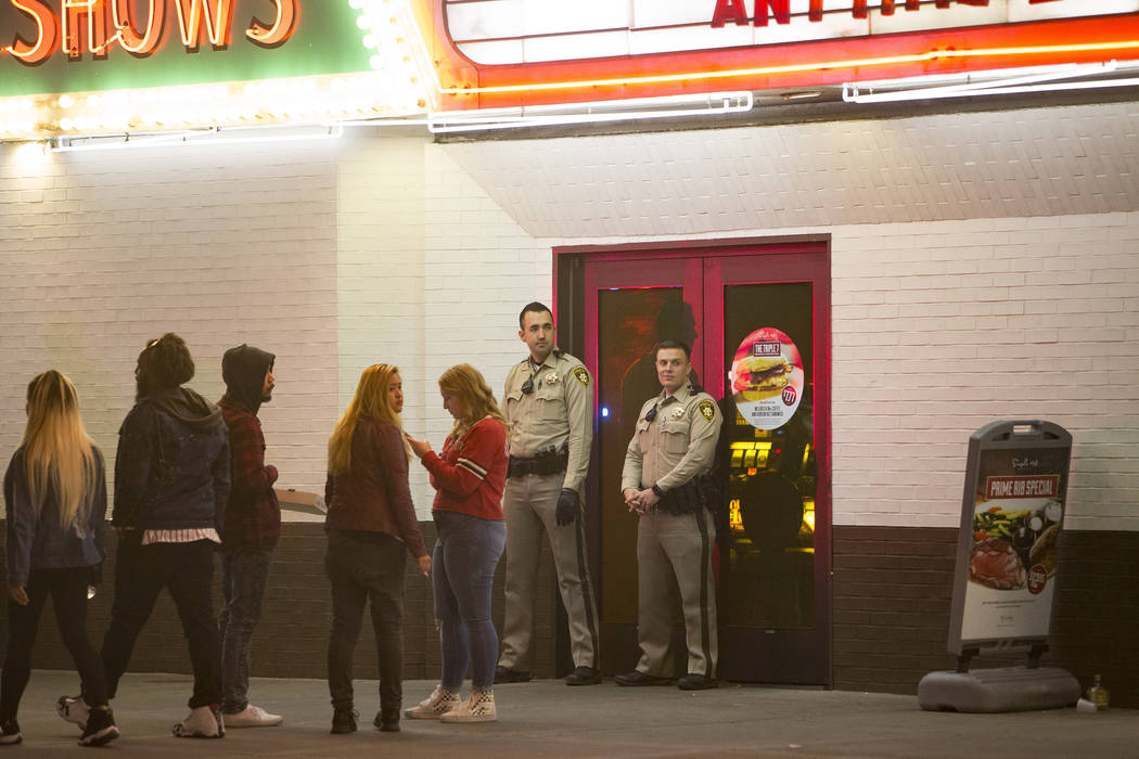 Las Vegas police investigate outside El Cortez in downtown Las Vegas after a shooting at the hotel and casino, Sunday, March 17, 2019. (Rachel Aston/Las Vegas Review-Journal) @rookie__rae