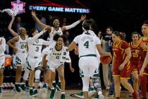 Baylor celebrates after defeating Iowa State during the Big 12 women's conference tournament championship in Oklahoma City, Monday, March 11, 2019. Baylor won 67-49. (AP Photo/Alonzo Adams)