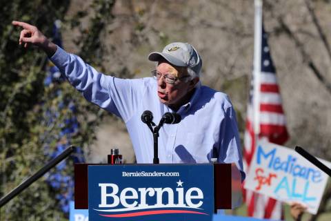 Democratic presidential candidate Sen. Bernie Sanders addresses his supporters at a rally as part of a tour launching his presidential campaign at Morrell Park in Henderson, Saturday, March 16, 20 ...