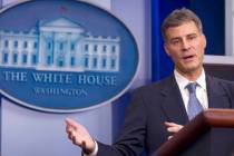In this Nov. 29, 2011, file photo Alan Krueger, chair of the White House Council of Economic Advisers, gestures during the daily news briefing at the White House in Washington. Princeton Universit ...