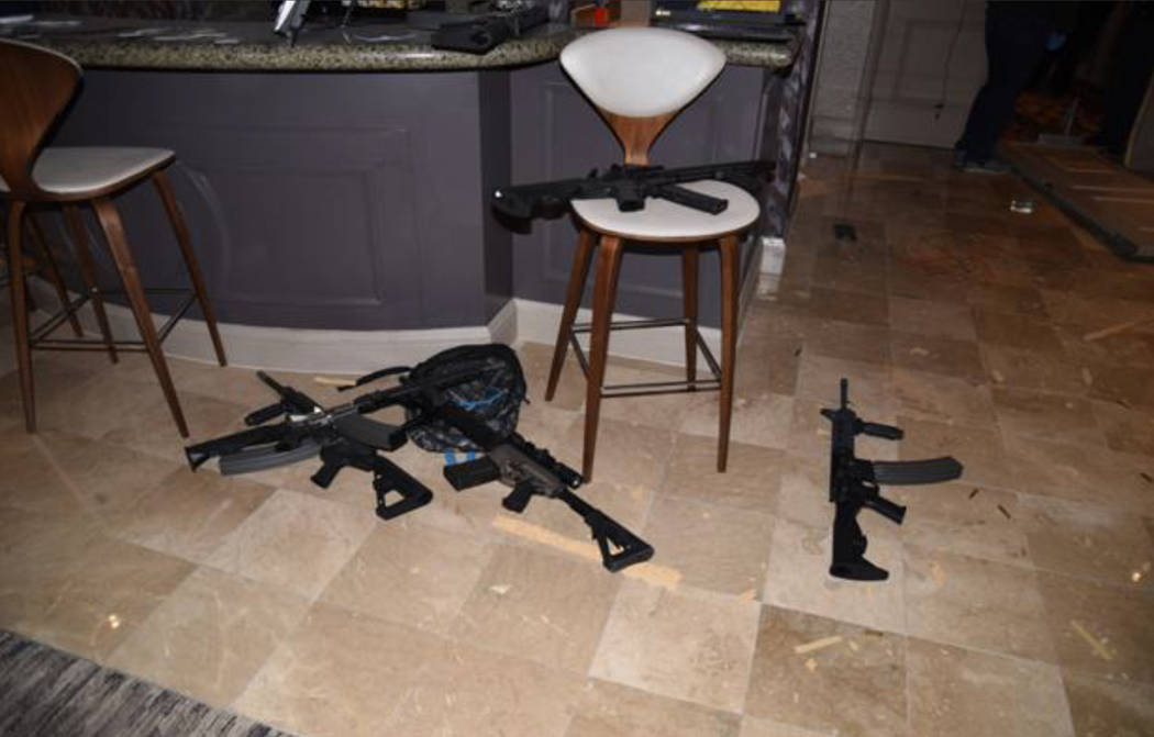 Guns are shown in the Mandalay Bay suite of Stephen Paddock after the Oct. 1, 2017, mass shooting in Las Vegas. (Las Vegas Metropolitan Police Department)