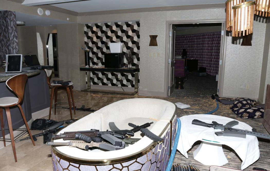 Guns are shown in the Mandalay Bay suite of Stephen Paddock after the Oct. 1, 2017, mass shooting in Las Vegas. (Las Vegas Metropolitan Police Department)