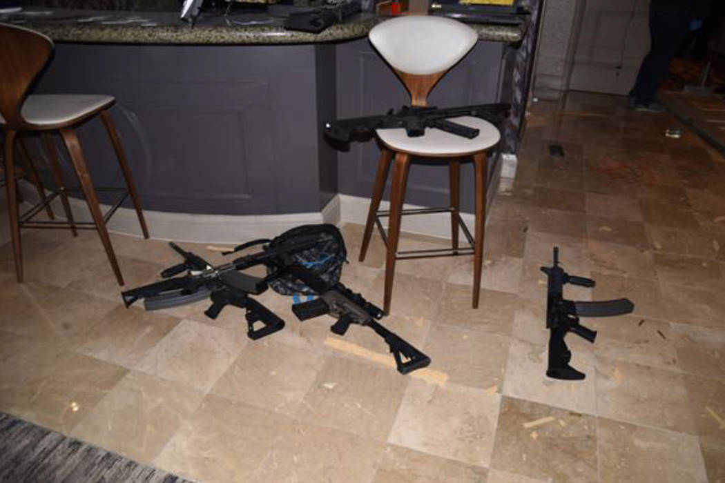 Guns are shown in the Mandalay Bay suite of Stephen Paddock after the Oct. 1, 2017, mass shooting in Las Vegas. (Las Vegas Metropolitan Police Department)