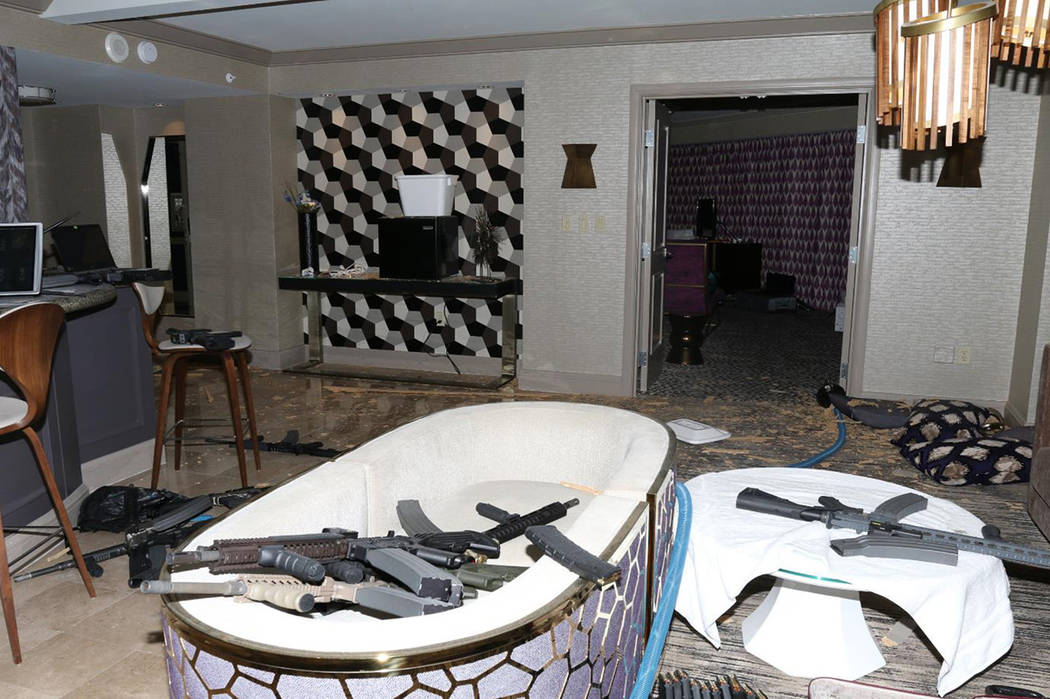 Guns are shown in the Mandalay Bay suite of Stephen Paddock after the Oct. 1, 2017, mass shooting in Las Vegas. (Las Vegas Metropolitan Police Department)