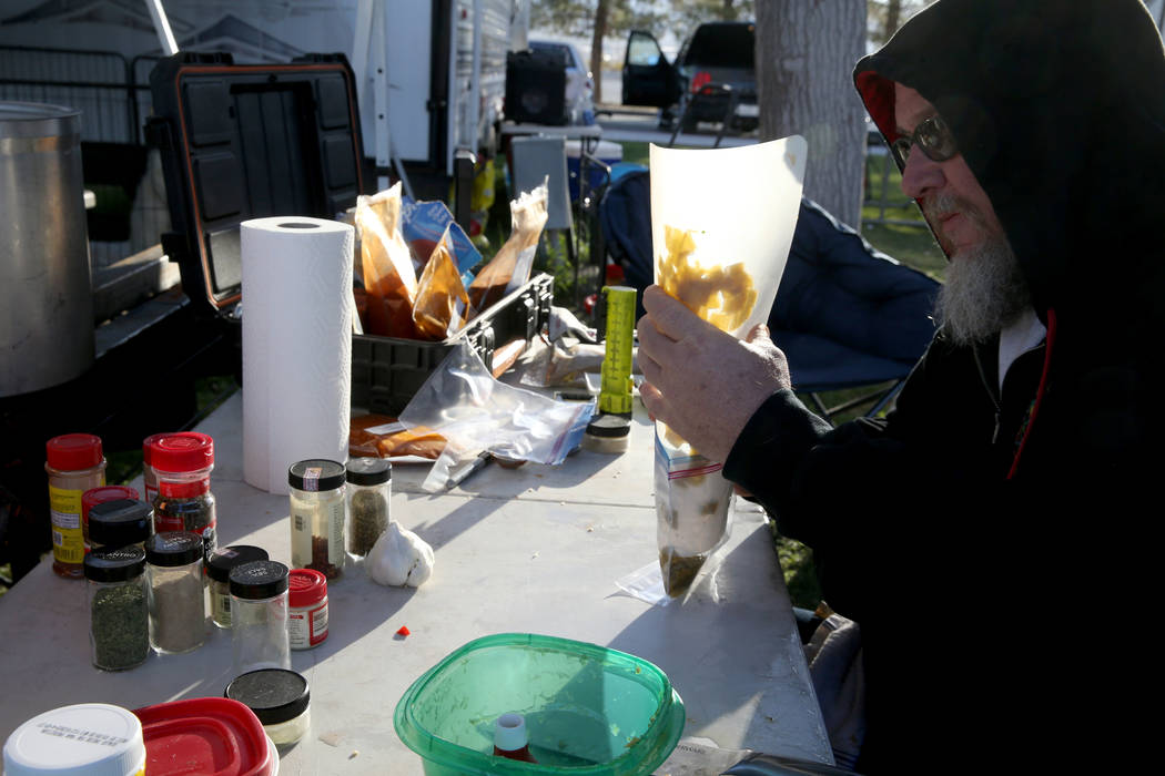 Steve Barnes of Laughlin prepares his chili ingredients in his booth at the Nevada State Chili Cook-off at Petrack Park in Pahrump Sunday, March 17, 2019. (K.M. Cannon/Las Vegas Review-Journal) @K ...