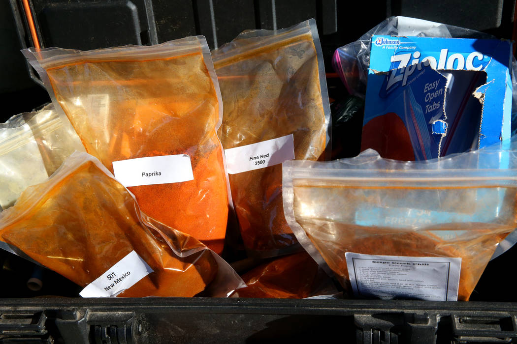 Steve Barnes of Laughlin prepares his chili ingredients in his booth at the Nevada State Chili Cook-off at Petrack Park in Pahrump Sunday, March 17, 2019. (K.M. Cannon/Las Vegas Review-Journal) @K ...