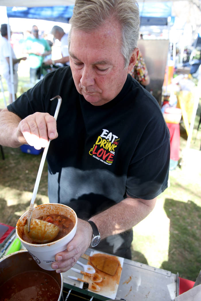 Ken Hook, of Corona, California, prepares his competition chili in his booth at the Nevada State Chili Cook-off at Petrack Park in Pahrump Sunday, March 17, 2019. (K.M. Cannon/Las Vegas Review-Jou ...