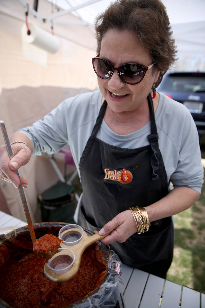 Mary Bogart of Boulder City offers People's Choice chili during the Nevada State Chili Cook-off at Petrack Park in Pahrump Sunday, March 17, 2019. (K.M. Cannon/Las Vegas Review-Journal) @KMCannonPhoto