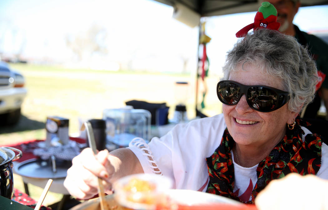 Cindy Haught of Pahrump offers People's Choice chili samples during the Nevada State Chili Cook-off at Petrack Park in Pahrump Sunday, March 17, 2019. (K.M. Cannon/Las Vegas Review-Journal) @KMCan ...