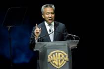 Kevin Tsujihara, chairman and CEO of Warner Bros., during the Warner Bros. presentation at CinemaCon 2015 in Las Vegas, April 21, 2015. Tsujihara is stepping down after claims that he promised act ...