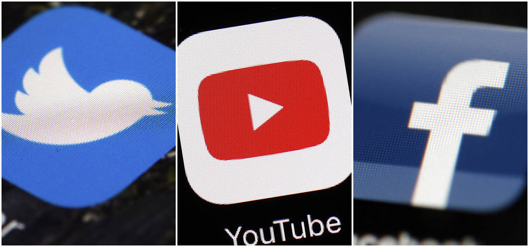 This combination of images shows logos for companies from left, Twitter, YouTube and Facebook. These Internet companies and others say they’re working to remove video footage filmed by a gu ...