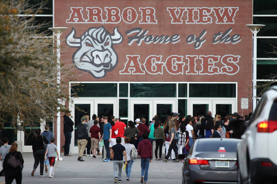 People arrive for an after-school event at Arbor View High School in Las Vegas, Tuesday, March 19, 2019. Erik Verduzco Las Vegas Review-Journal @Erik_Verduzco
