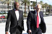 Former Nevada Senate majority leader Kelvin Atkinson, left, and his attorney Richard Wright arrive at the Lloyd George U.S. Courthouse on Monday, March. 11, 2019, in Las Vegas. Bizuayehu Tesfaye L ...