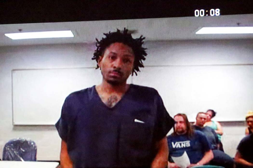 Ricky Beasley, the father of missing 3-year-old Zaela Walker, appears in North Las Vegas Court on camera from the Clark County Detention Center on Monday, March 18, 2019. (Michael Quine/Las Vegas ...