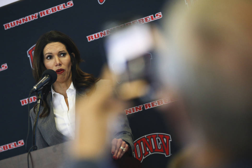 UNLV athletic director Desiree Reed-Francois talks about the search for a new basketball head coach in Las Vegas on Friday, March 15, 2019. Marvin Menzies, who led the program for three years, was ...