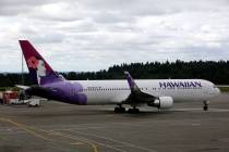 In this June 7, 2010 file photo an Hawaiian Airlines plane is shown at Seattle-Tacoma International Airport in Seattle. (AP Photo/Ted S. Warren, File)