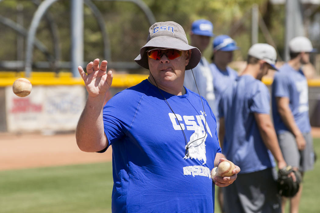 College of Southern Nevada baseball head coach Nick Garritano leads drills during a practice at Morse Stadium on Tuesday, May 16, 2017, in Henderson. Bridget Bennett Las Vegas Review-Journal @bri ...