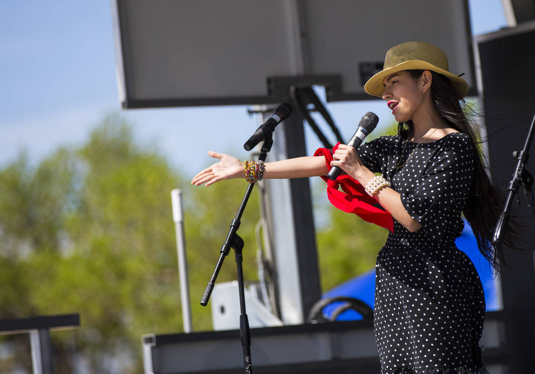 Sophia Camille, 15, of Las Vegas, sings during the Cesar Chavez Day festival at Freedom Park in Las Vegas on Saturday, March 23, 2019. (Chase Stevens/Las Vegas Review-Journal) @csstevensphoto