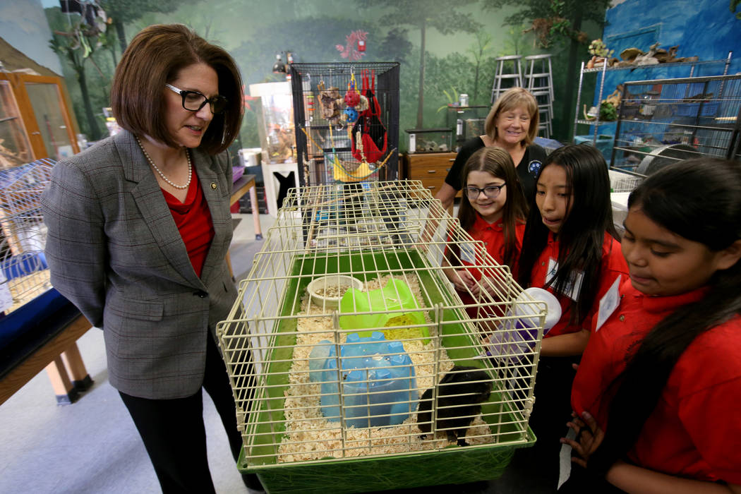 Hoggard Elementary fourth grade students, from left, Alannah Gruner, Emely San Juan and Iris Hernandez, all 10, and Life Science teacher Kim Law, rear, give a tour to Sen. Catherine Cortez Masto, ...