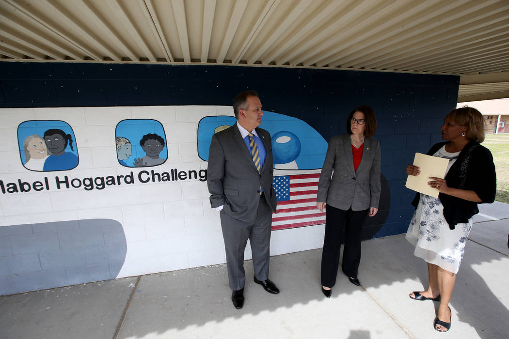 Hoggard Elementary principal Stacey Scott-Cherry, right, gives a tour to Clark County School District Superintendent Dr. Jesus F. Jara and Sen. Catherine Cortez Masto, D-Nev.,Tuesday, March 19, 20 ...