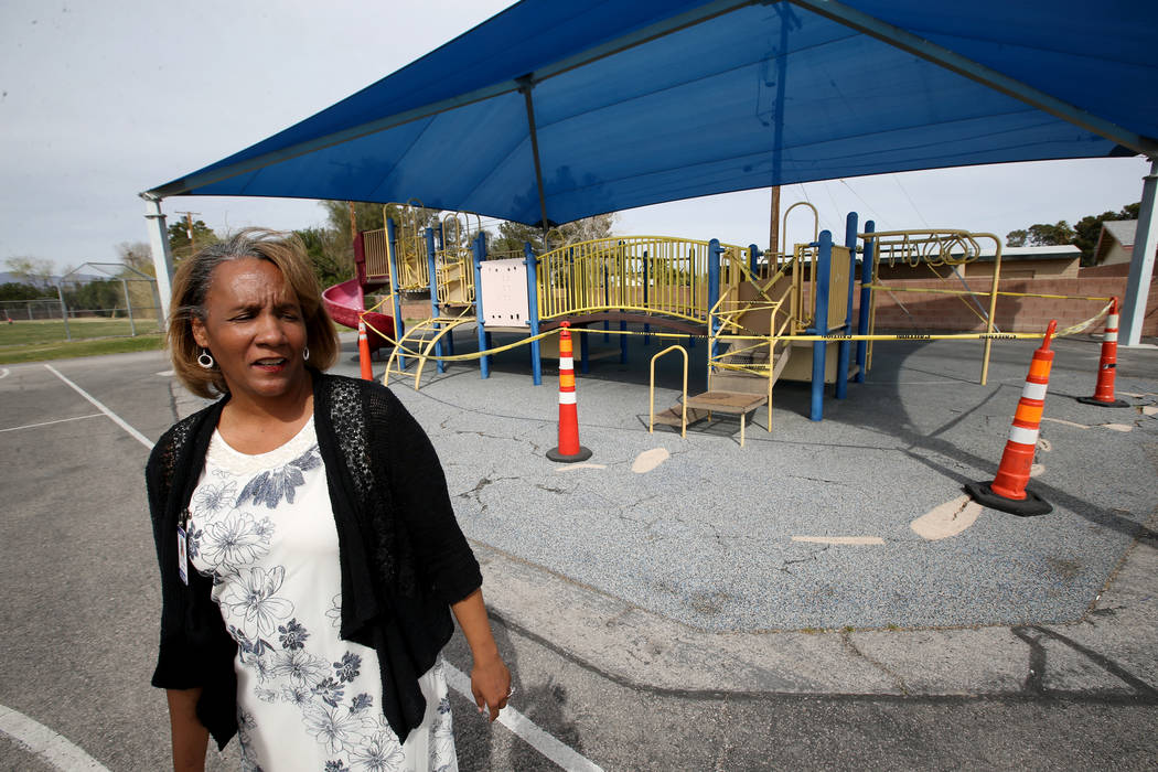 Hoggard Elementary principal Stacey Scott-Cherry shows a closed playground during a tour of the school Tuesday, March 19, 2019. (K.M. Cannon/Las Vegas Review-Journal) @KMCannonPhoto