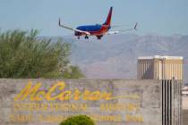 A Southwest Airlines jetliner makes its approach to McCarran International Airport in Las Vegas in 2017. (Las Vegas Review-Journal)