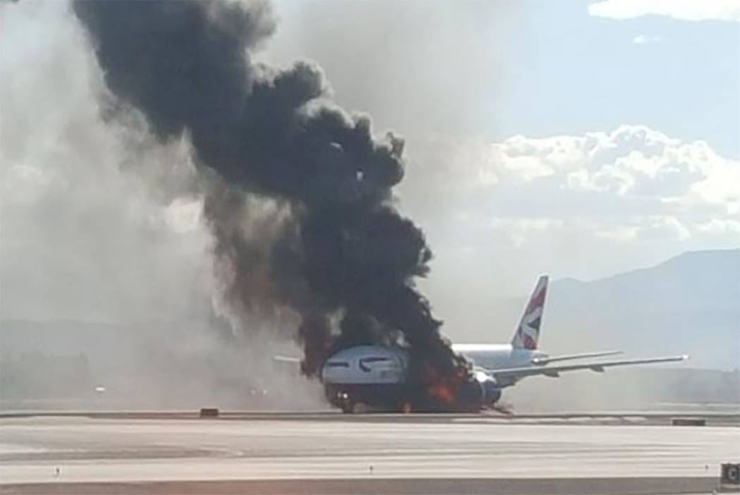 A British Airways passenger jet catches fire at McCarran International Airport on Tuesday, Sept. 8, 2015. (@fresconews/Twitter)