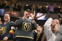 Fans celebrate a score by Vegas Golden Knights left wing Max Pacioretty (67) against Nashville Predators during the first period of an NHL hockey game at T-Mobile Arena in Las Vegas, Saturday, Feb ...