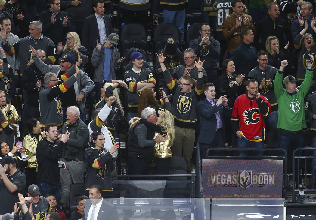 Golden Knights fans celebrate the team's win over the Calgary Flames in an NHL hockey game at T-Mobile Arena in Las Vegas on Wednesday, March 6, 2019. (Chase Stevens/Las Vegas Review-Journal) @css ...