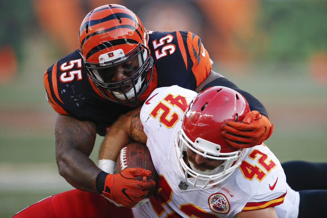 Cincinnati Bengals outside linebacker Vontaze Burfict (55) tackles Kansas City Chiefs fullback Anthony Sherman (42) during the first half of an NFL preseason football game, Saturday, Aug. 19, 2017 ...