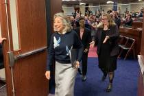 U.S. Rep. Dina Titus, D-Nevada, leaves the state Assembly chambers in Carson City Tuesday after delivering remarks to a joint session of the state Legislature. March 19, 2019. (Bill Dentzer/Las Ve ...
