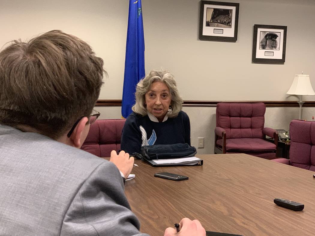 U.S. Rep. Dina Titus, D-Nevada, speaking to reporters following her remarks to a joint session of the state Legislature Tuesday, March 19, 2019. (Bill Dentzer/Las Vegas Review-Journal)