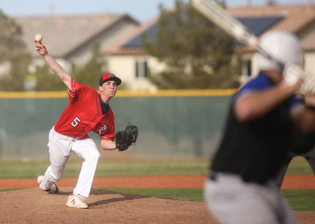 Liberty's Garrett Maloney (5) pitches to Basic's John Howard Bobo (99) in the sixth inning of a baseball game at Liberty High School in Henderson, Tuesday, March 19, 2019. (Caroline Brehman/Las Ve ...