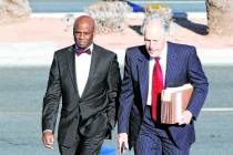 Former Nevada Senate majority leader Kelvin Atkinson, left, and his attorney Richard Wright arrive at the Lloyd George U.S. Courthouse on Monday, March. 11, 2019, in Las Vegas. Bizuayehu Tesfaye L ...