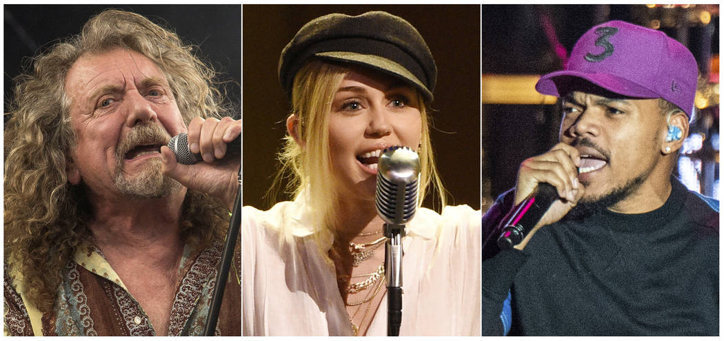 This combination photo shows, from left, Robert Plant, Miley Cyrus and and Chance the Rapper, who will perform one of the 50th anniversary shows commemorating the Woodstock festival which will tak ...