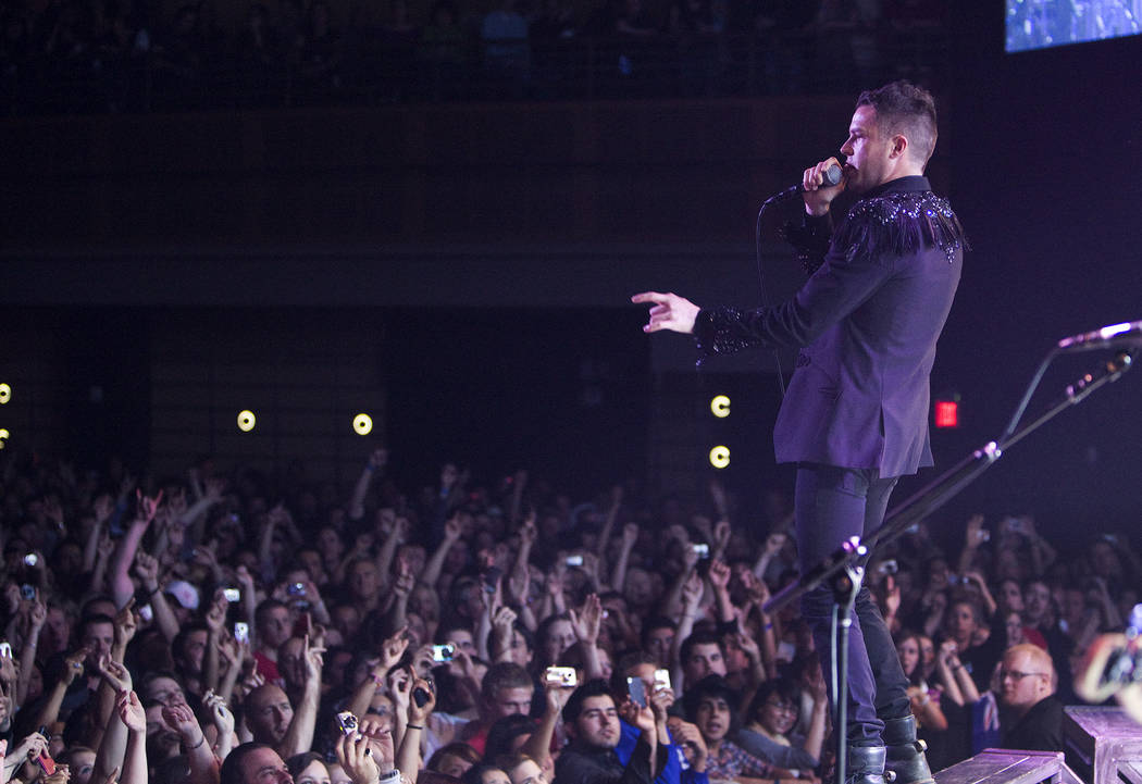 Brandon Flowers of The Killers performs with the band to a sold-out crowd during the opening night of The Joint at the Hard Rock Hotel and Casino in Las Vegas Friday, April 17, 2009. (Las Vegas Re ...