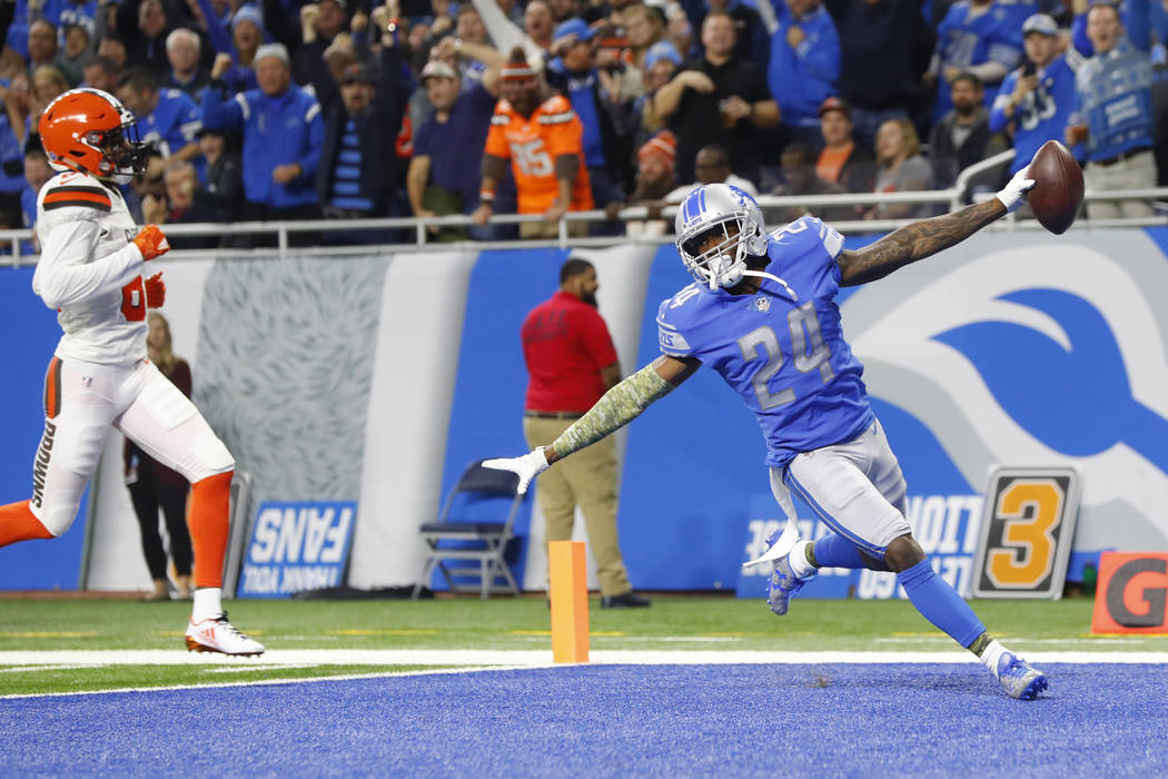 Detroit Lions cornerback Nevin Lawson (24) runs into the end zone for a 44-yard touchdown after recovering a Cleveland Browns fumble during an NFL football game in Detroit, Sunday, Nov. 12, 2017. ...