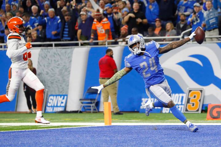 Detroit Lions cornerback Nevin Lawson (24) runs into the end zone for a 44-yard touchdown after recovering a Cleveland Browns fumble during an NFL football game in Detroit, Sunday, Nov. 12, 2017. ...