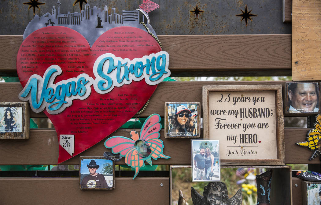 A wall honoring the victims of the Route 91 Harvest festival shooting at the Las Vegas Community Healing Garden on Wednesday, March 20, 2019, in Las Vegas. (Benjamin Hager Review-Journal) @Benjami ...